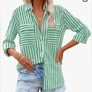 OMSJ Women's Striped Button Down Shirts green